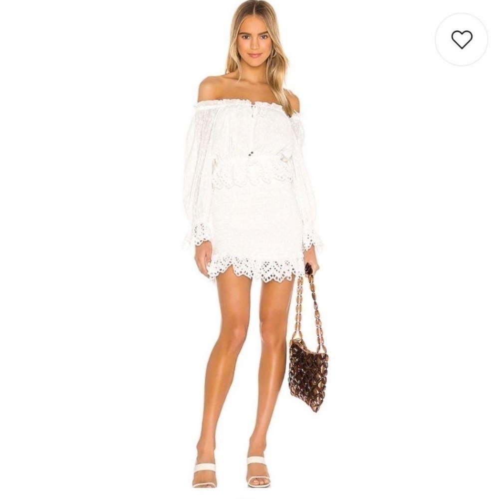 SPELL & the gypsy co white Mini dress Chain Ruched  smocked eyelet sleeves